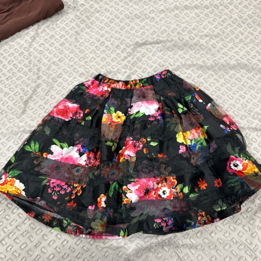 Black floral skater skirt with pink, yellow, multi colored accents